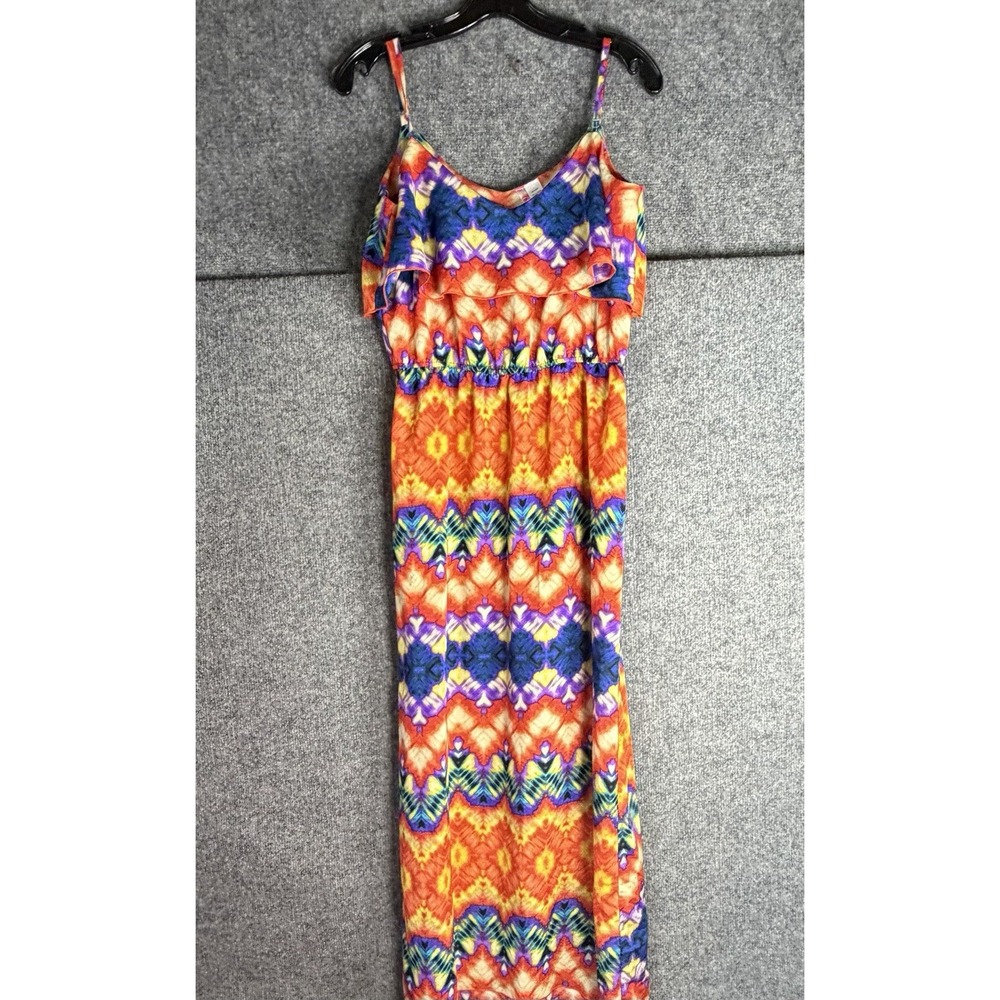 Degrees Maxi Dress Women L Multicolor Tie Dye Tribal Spaghetti Strap Ruffle Boho
